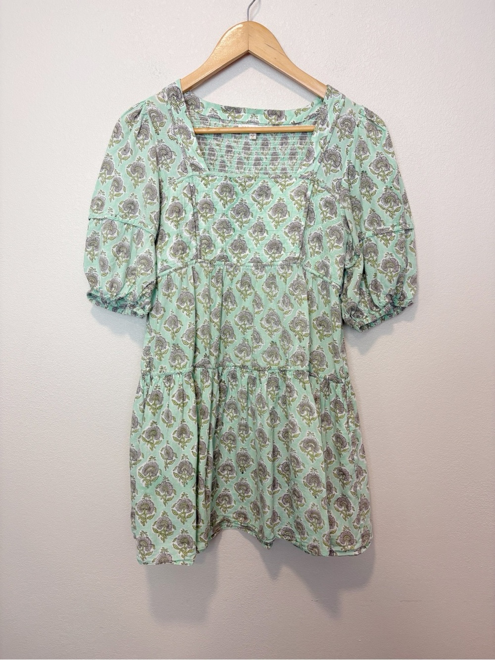 Anna Cate Harper Printed Mini Dress in Mint Babydoll Square Neckline Size Small